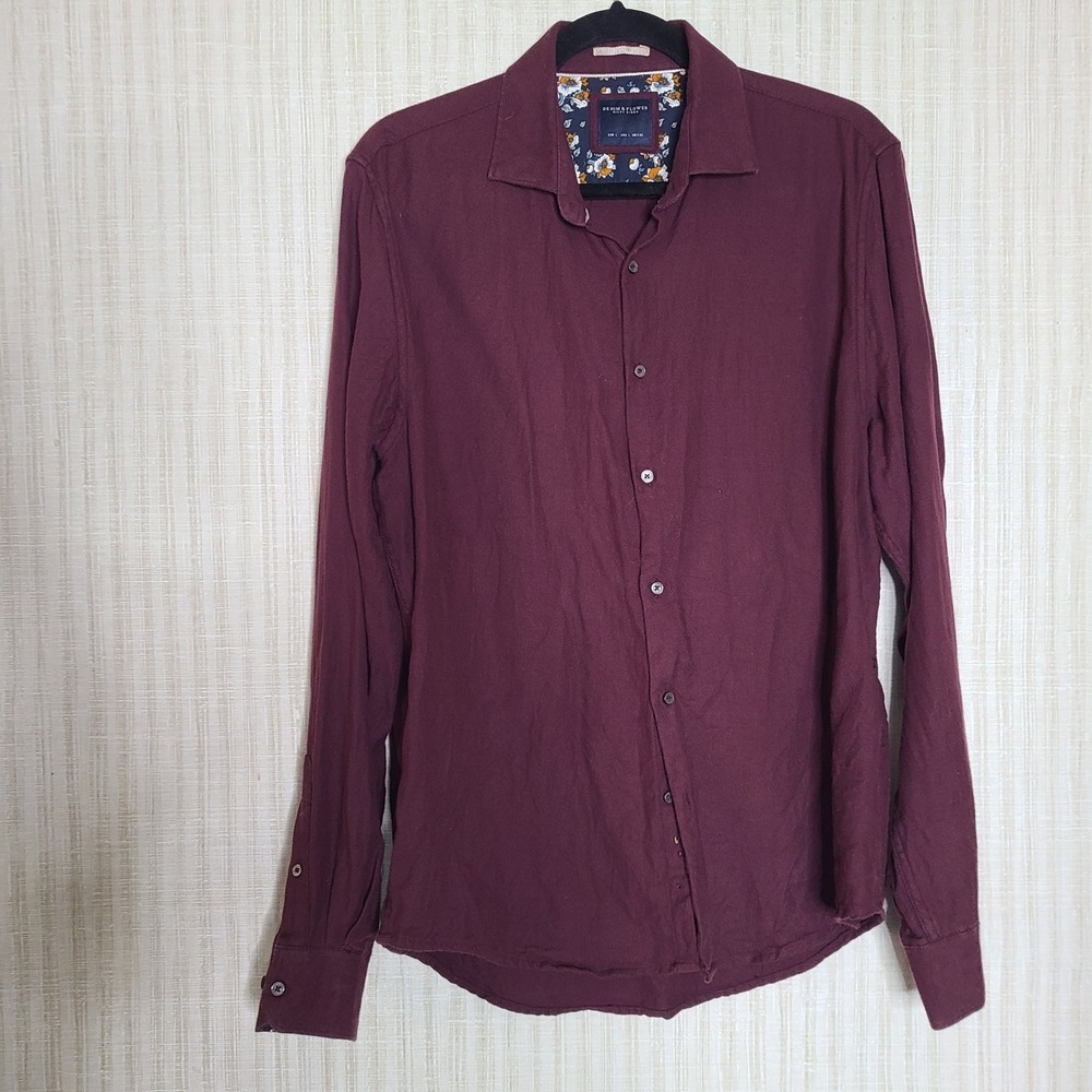 Denim Flower Ricky Singh Mens Long Sleeve Button Down Shirt Burgundy Size L